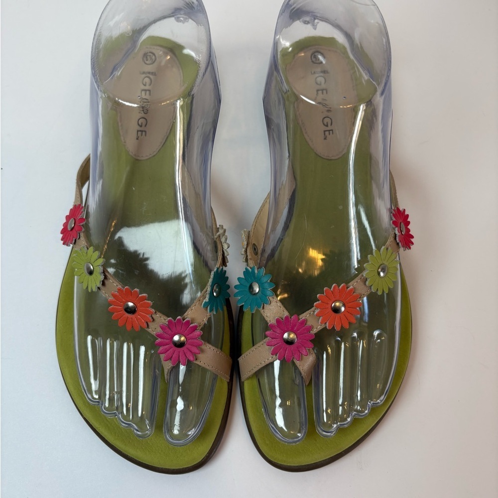 Women’s leather thong slip-on flip flops sandals lime green daisies accents 6.5